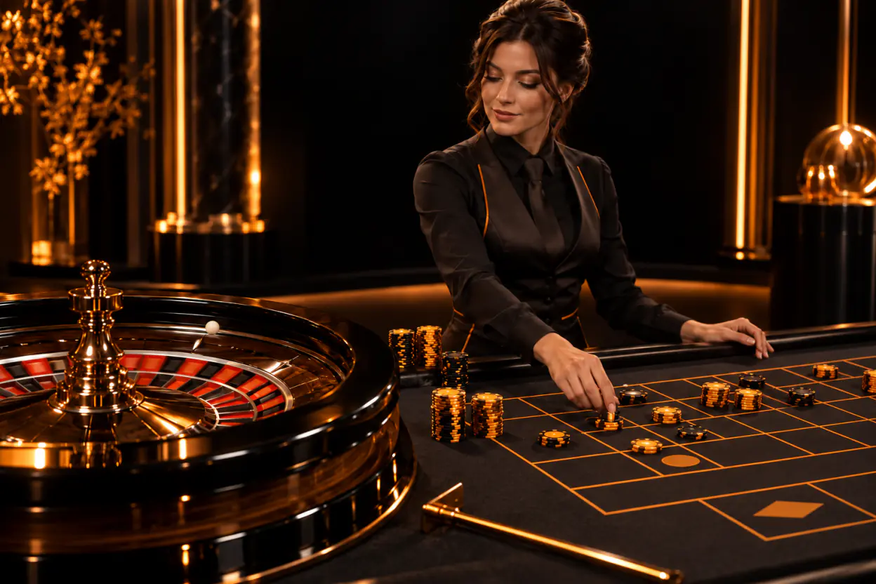 Canlı casino stüdyosunda rulet masası ve krupiye